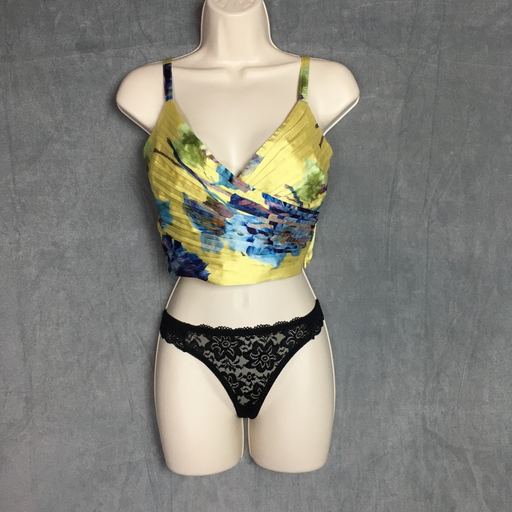 Abercrombie & Fitch Crop Top NWT‎ Small Yellow Floral Satin Slip Pleated Smocked